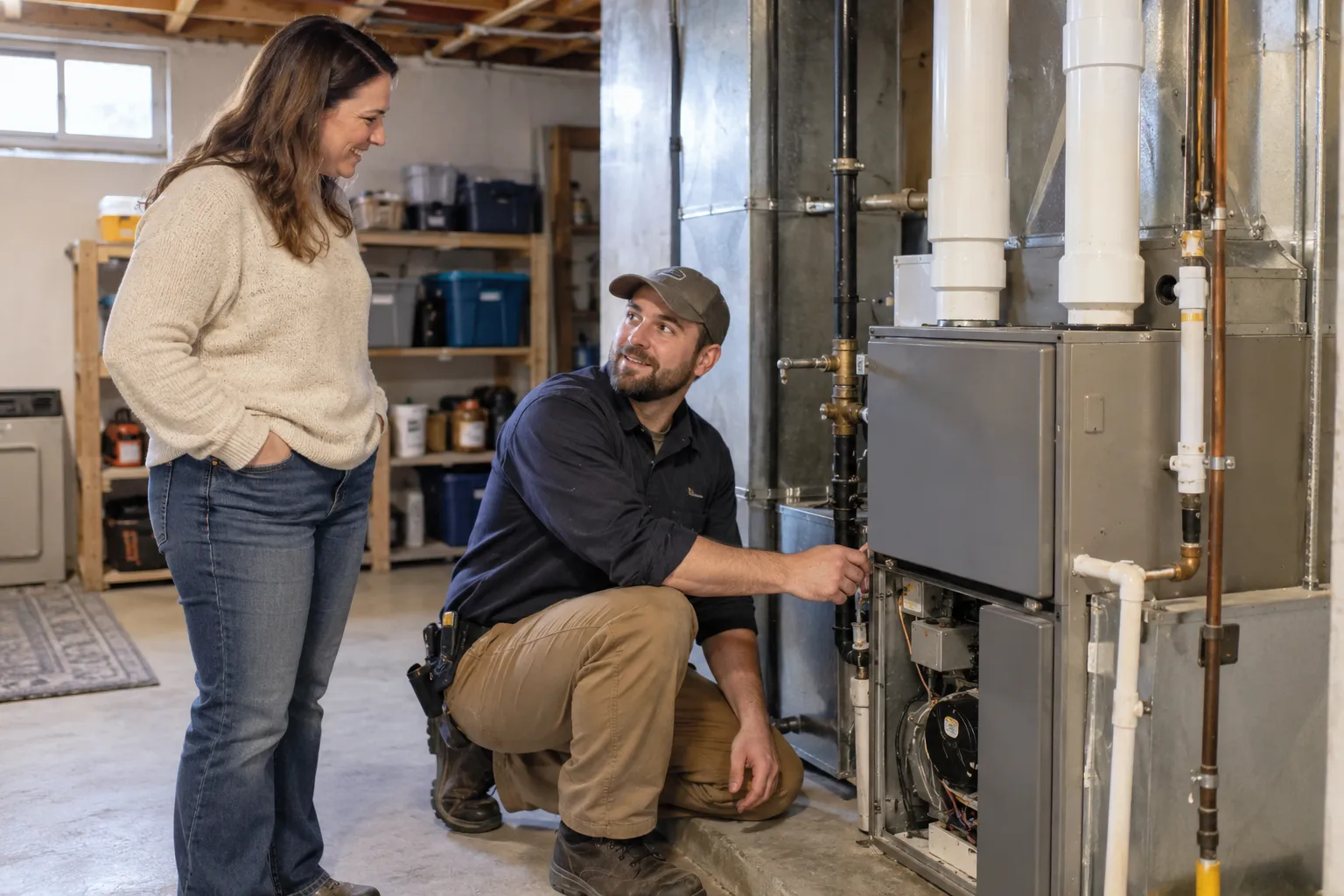 A provider checking a furnace in a home basement in the Baltimore area