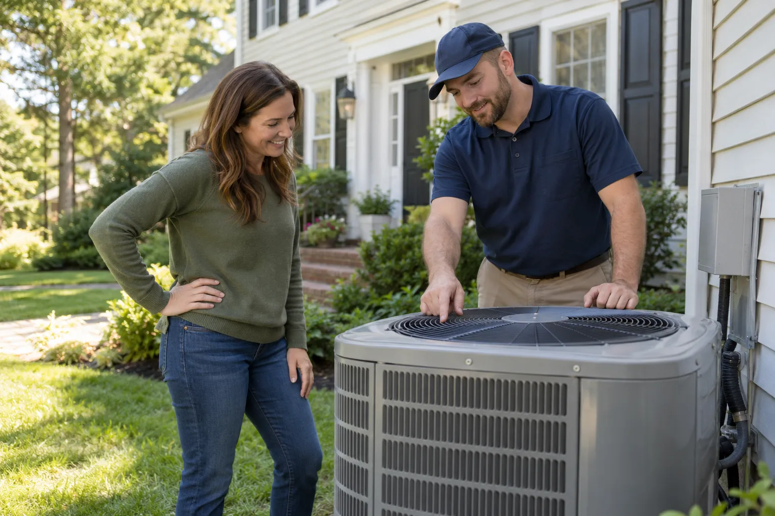A homeowner talking with an HVAC provider beside an outdoor AC unit in Baltimore